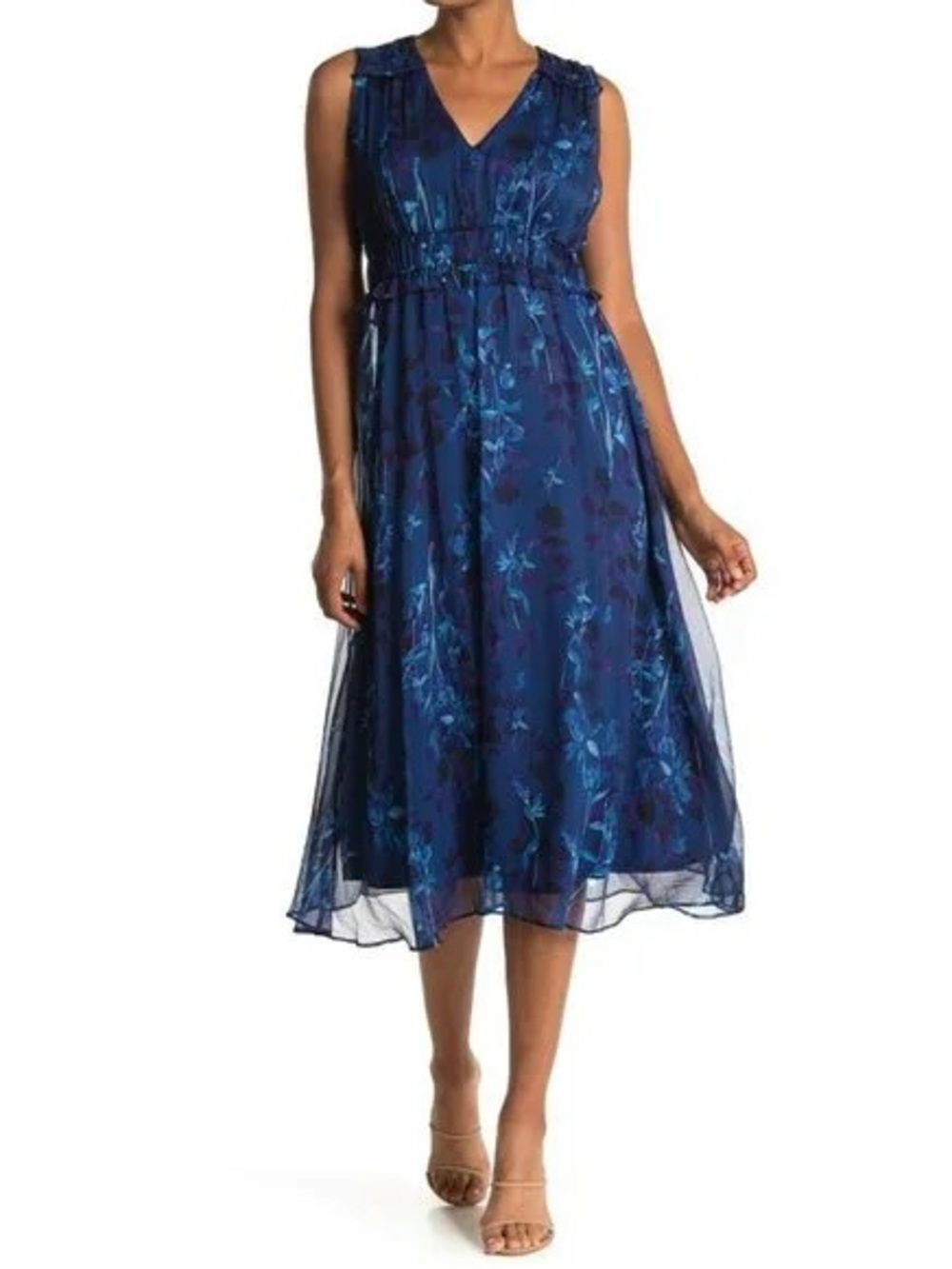 Blue Floral V-Neck Sleeveless Midi Dress size 10